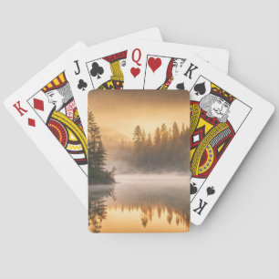 Ochtendmist op rivier in de dennen pokerkaarten