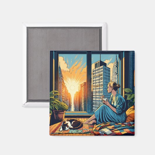 Ochtendtijd in de stad | Vrouw reflecteert Magneet (Voorkant / Achterkant)