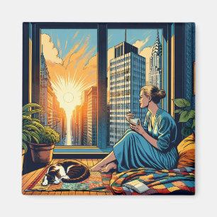 Ochtendtijd in de stad   Vrouw reflecteert Magneet