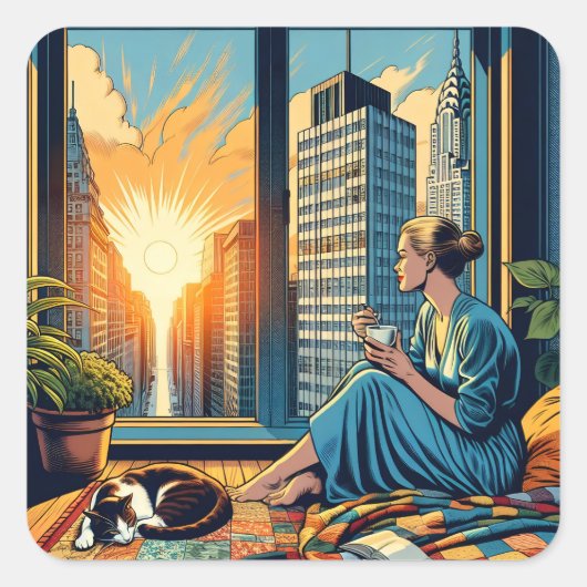 Ochtendtijd in de stad | Vrouw reflecteert Vierkante Sticker (Voorkant)