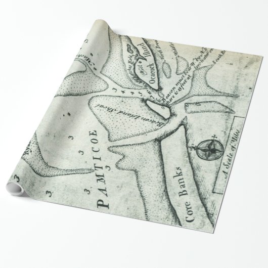 Ocracoke Inlet Map - Blackeard's Anchoring (1733) Cadeaupapier (Uitgerold)