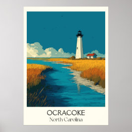 Ocracoke NC  Lighthouse Island Beach Art Poster