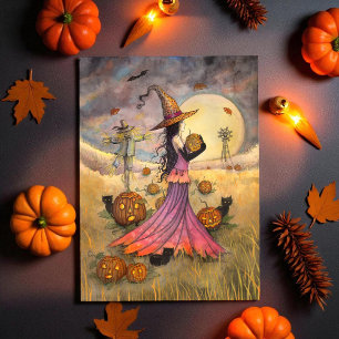 October Fields Halloween Heks en Katten Fantasie Kaart