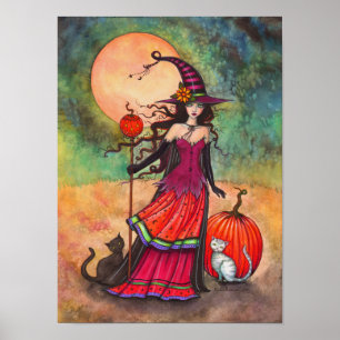 October Maan Heks Kat Halloween Illustratie Poster