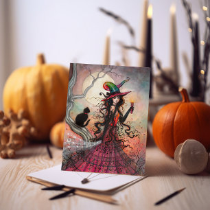 October Vlam Halloween Heks Zwarte Kat Kunst Kaart