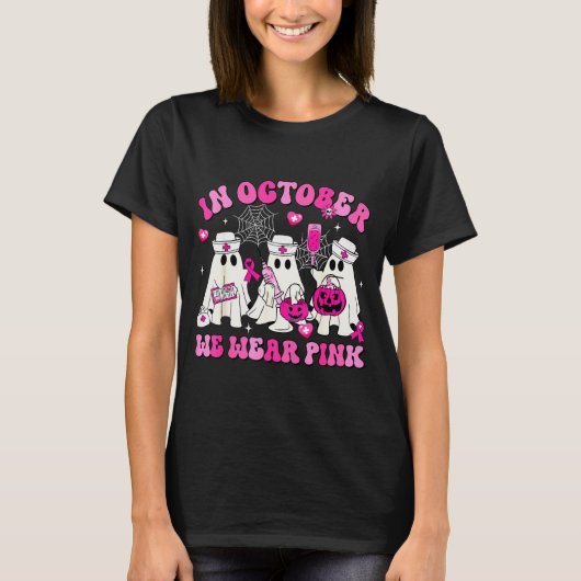 October We Wear Nk Nurse Ghost Halloween Breast Ca T-shirt (Voorkant)