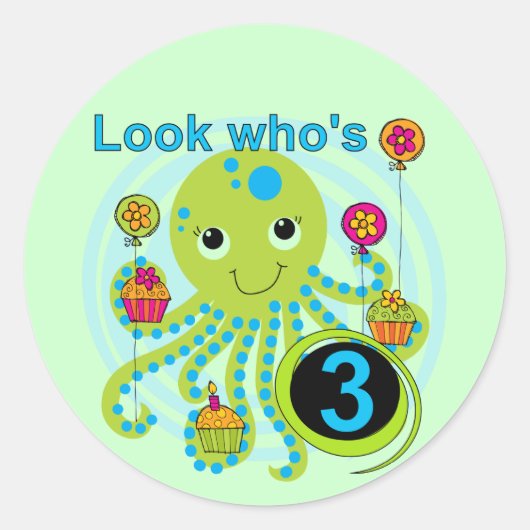 Octopus 3e verjaardag T-shirts en geschenken Ronde Sticker (Voorkant)
