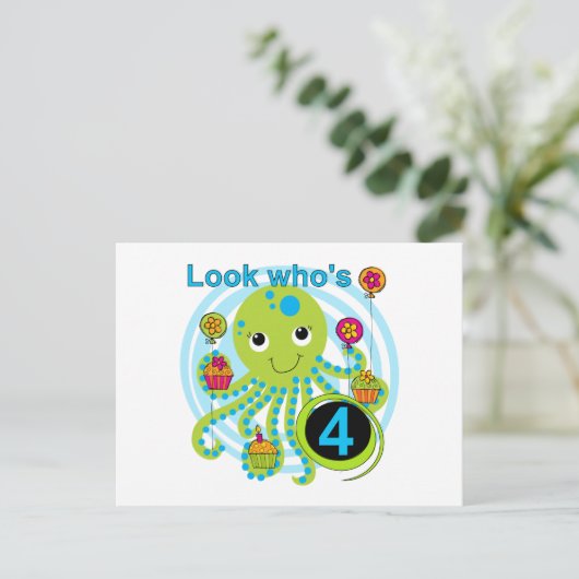 Octopus 4th Birthday T shirten en geschenken Briefkaart (Staand voorkant)