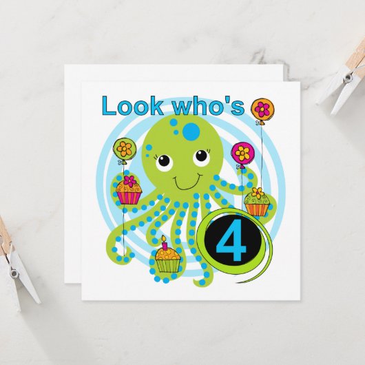 Octopus 4th Birthday T shirten en geschenken Kaart (Voorkant / Achterkant in situ)