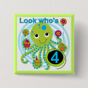 Octopus 4th Birthday T shirten en geschenken Vierkante Button 5,1 Cm