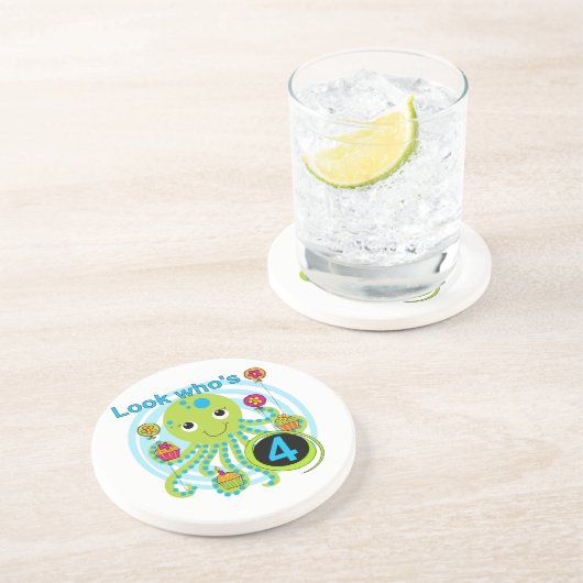 Octopus 4th Birthday T shirten en geschenken Zandsteen Onderzetter (Zijkant)