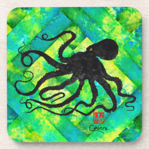 Octopus 6 op blauw/groen - harde plastic Onderzett Drankjes Onderzetter