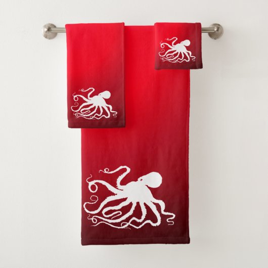 Octopus 6 op rood - Bathroom doekset Bad Handdoek (Insitu)