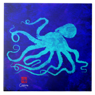 Octopus 6 R - Grote keramische Tegel Tegeltje