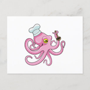 Octopus als kok met houten lepel briefkaart