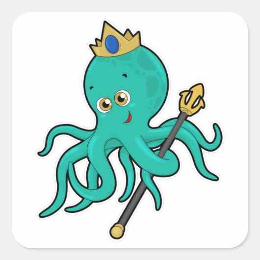 Octopus als Koning met Trident Vierkante Sticker (Voorkant)