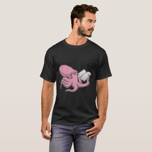 Octopus als Nerd met Boek T-shirt (Voorkant volledig)