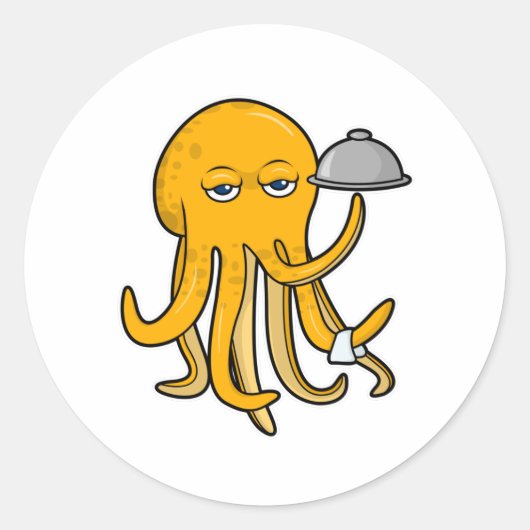 Octopus als Ober met handdoek Ronde Sticker (Voorkant)