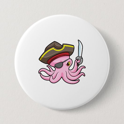 Octopus als Piraat met Saber & Eye patch Ronde Button 7,6 Cm (Voorkant)