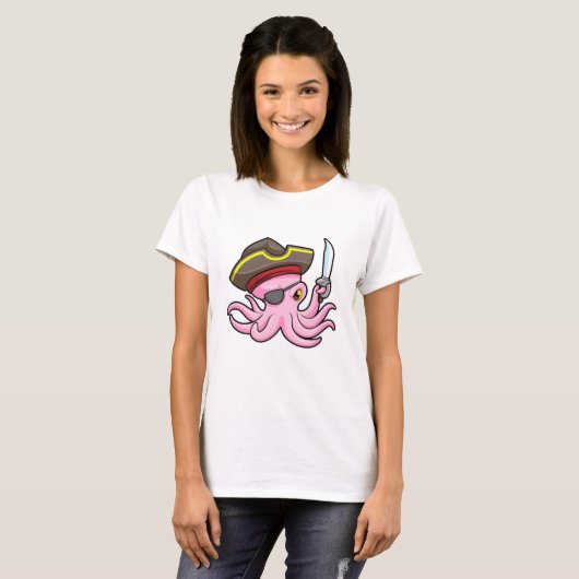Octopus als Piraat met Saber & Eye patch T-shirt (Voorkant volledig)