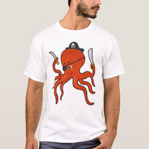 Octopus als piraat met zwaard en mes t-shirt