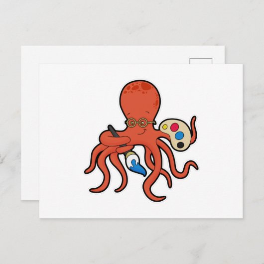 Octopus als schilder met verf en penseel briefkaart (Voorkant / Achterkant)