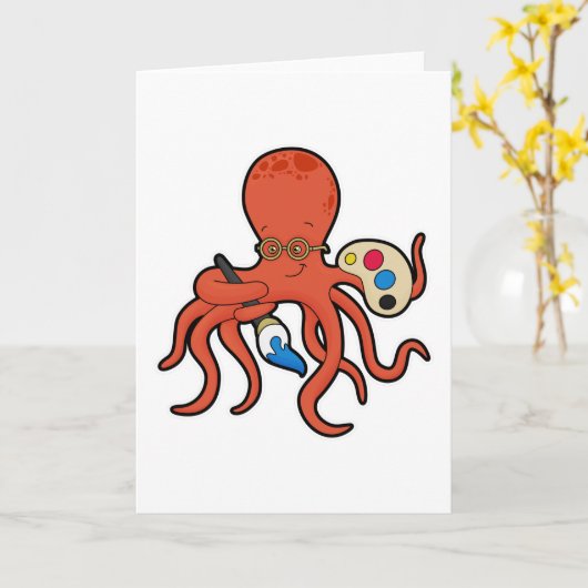 Octopus als schilder met verf en penseel kaart (Gele Bloem)