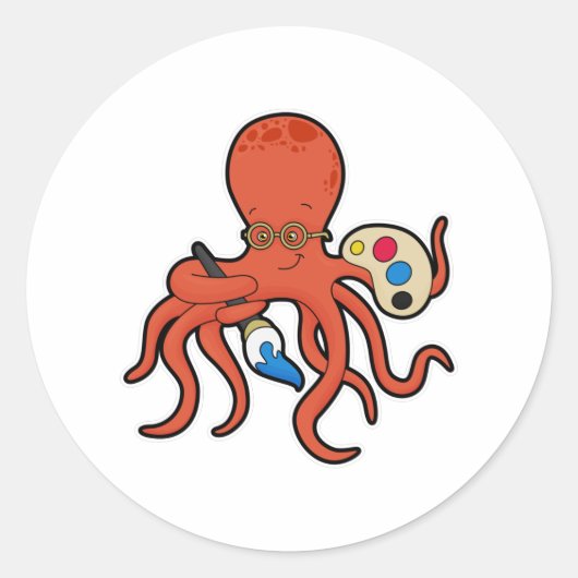 Octopus als schilder met verf en penseel ronde sticker (Voorkant)