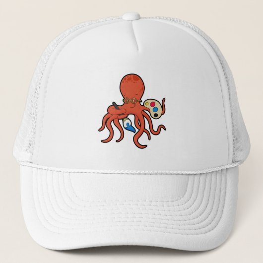 Octopus als schilder met verf en penseel trucker pet (Voorkant)