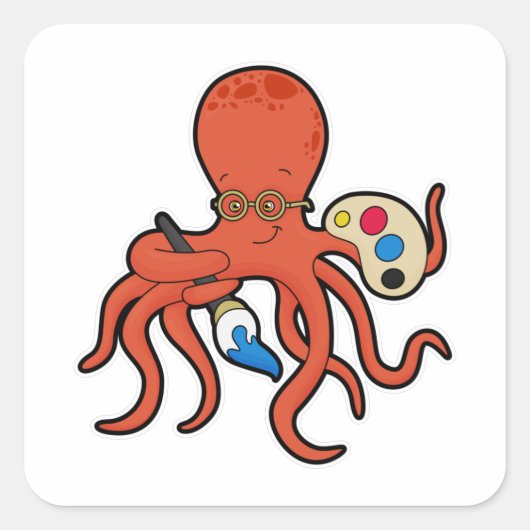 Octopus als schilder met verf en penseel vierkante sticker (Voorkant)