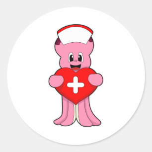 Octopus als verpleegster met hart ronde sticker