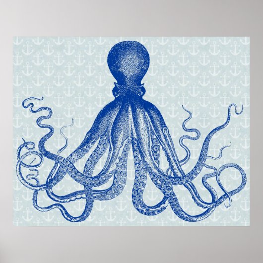 Octopus Anchors Lord Bodner  Nautical Blue Poster (Voorkant)