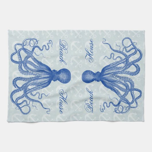 Octopus ankers blauw gepersonaliseerd strand theedoek (Horizontaal)