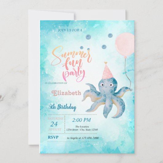 Octopus Ballon Zee Zomer Verjaardagsfeestje  Kaart (Voorkant)