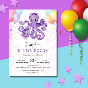 Octopus Balloon Paarse Bubble Kids Verjaardag Kaart