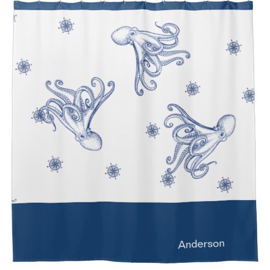 Octopus Bathroom Blue en White Douchegordijn (Voorkant)