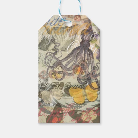 Octopus Beach Antiek kuststeampunk Cadeaulabel (Voorkant)
