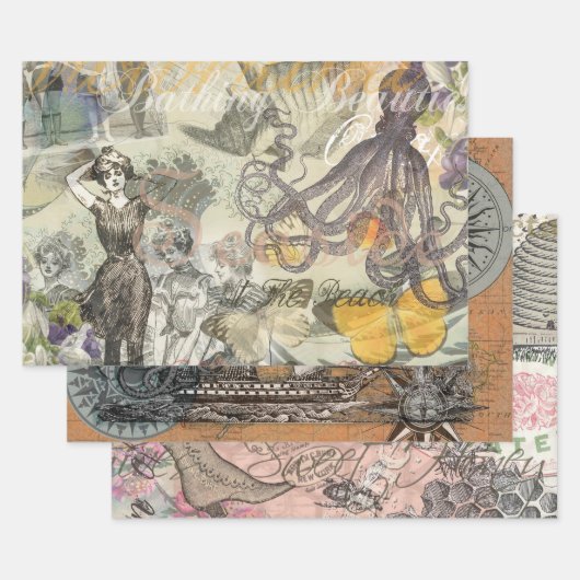 Octopus Beach Antiek kuststeampunk Inpakpapier Vel (Set)