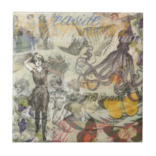 Octopus Beach Antiek kuststeampunk Tegeltje