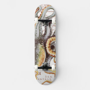 Octopus Beige  Map Nautical Marine Aquatic Skateboard