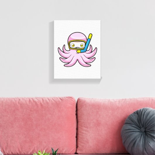 Octopus bij duiken met Snorkel en zwembril Canvas Afdruk (Insitu (Woonkamer))