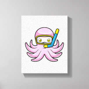 Octopus bij het duiken met snorkel en zwembril canvas afdruk