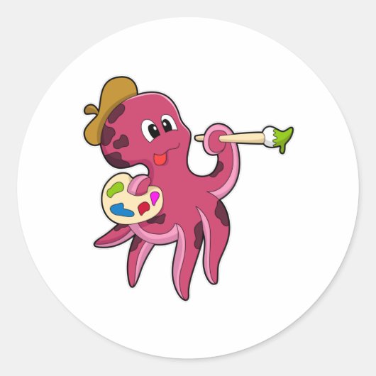 Octopus bij het Schilderen met Borstel & Kleur Ronde Sticker (Voorkant)