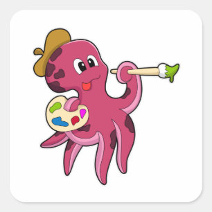 Octopus bij het Schilderen met Borstel & Kleur Vierkante Sticker