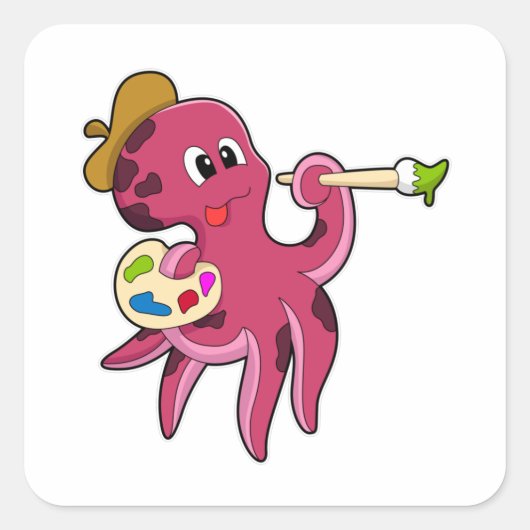 Octopus bij het Schilderen met Borstel & Kleur Vierkante Sticker (Voorkant)