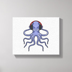 Octopus bij Muziek met hoofdtelefoon Canvas Afdruk