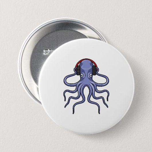 Octopus bij Muziek met hoofdtelefoon Ronde Button 7,6 Cm (Voorkant /achterkant)