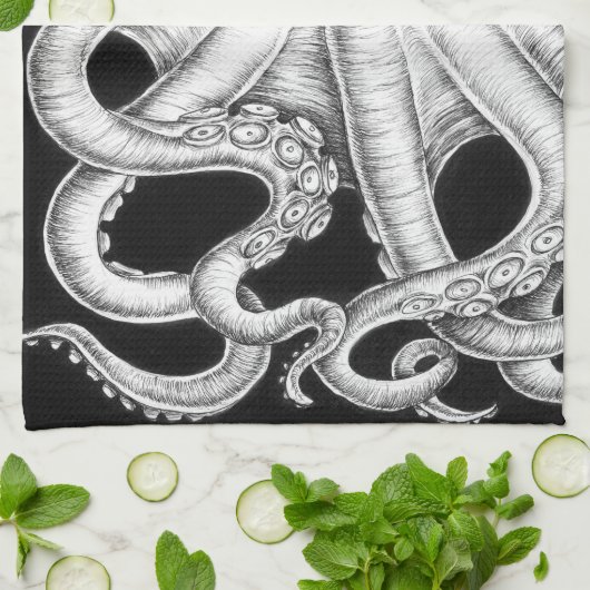 Octopus Black en White Ink Theedoek (Gevouwen)