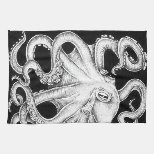 Octopus Black en White Ink Theedoek (Horizontaal)