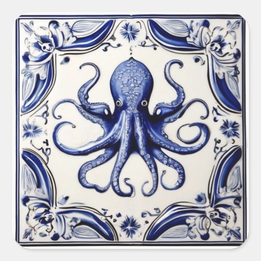 Octopus Blauw en Wit Zee Oceaanthema Vierkante Sticker (Voorkant)